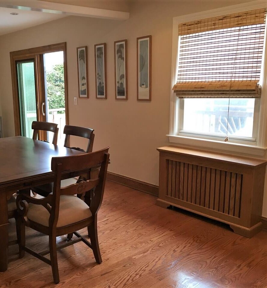 Dinning Room with red oak radiator covers stained