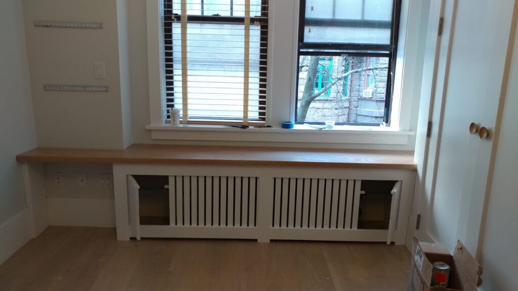 NYC Shaker radiator cover wall to wall with oak bench top